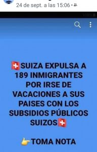 Suiza no ha expulsado "a 189 inmigrantes por irse de vacaciones a sus países" con "subsidios"