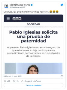 Pablo Iglesias no ha pedido a Irene Montero "una prueba de paternidad", es un bulo recreado por una de las webs de siempre