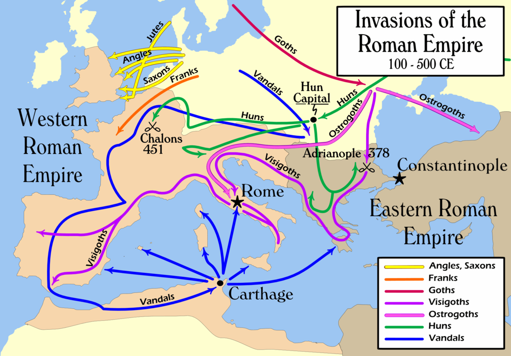 Invasion del Imperio Romano. Imagen de MapMaster - Own work, CC BY-SA 2.5, https://commons.wikimedia.org/w/index.php?curid=1234669
