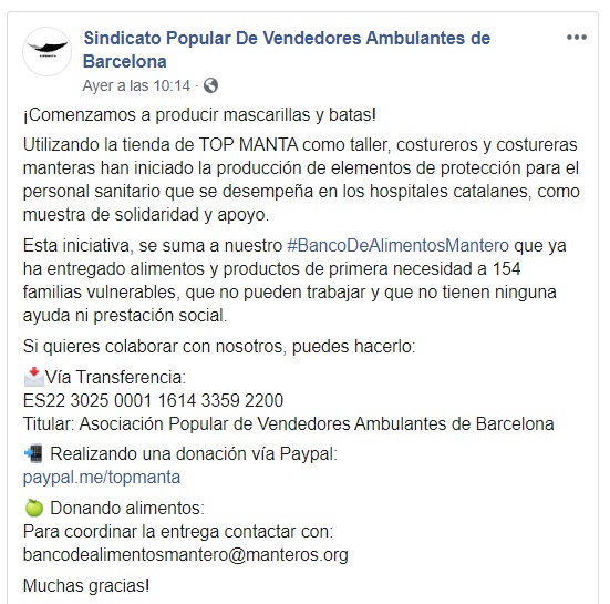 Captura de pantalla del perfil de Facebook del Sindicato de Vendedores Ambulantes de Barcelona