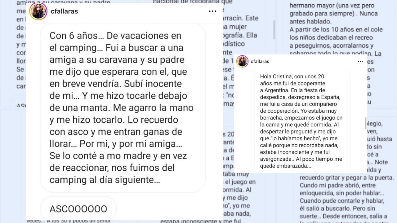 Capturas de pantalla de los testimonios de las mujeres víctimas de violencias machistas en la cuenta de Cristina Fallarás.