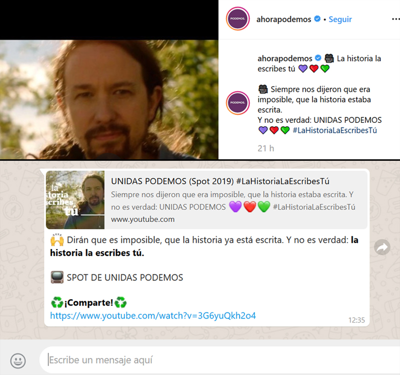 Capturas de mismo contenido difundido por Podemos en dos canales diferentes, Instagram (arriba) y Whatsapp (abajo)