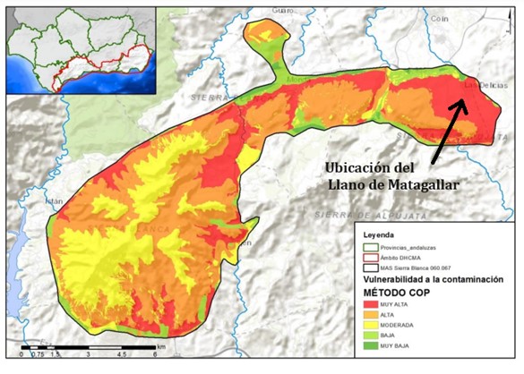 Ubicación del Llano de Matagallar en el mapa de vulnerabilidad de la masa de agua subterránea de Sierra Blanca. Adaptado del Plan Hidrológico de las Cuencas Mediterráneas 2022-2027
