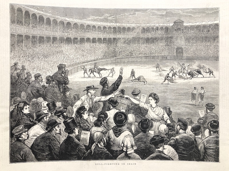 Grabado aparecido alrededor de 1888 en la revista ‘La Ilustración Española y Americana’. La brutalidad de la tauromaquia mantiene extasiados a los aficionados.