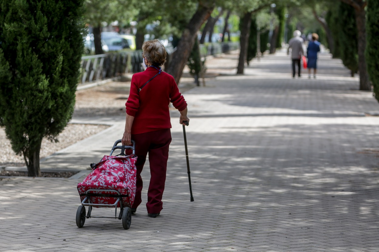Una mujer en la calle con mascarilla, un bastón y un carrito de la compra, en Madrid. E.P./Ricardo Rubio
