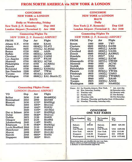 Tabla de horarios y precios para el Concorde en torno a 1980