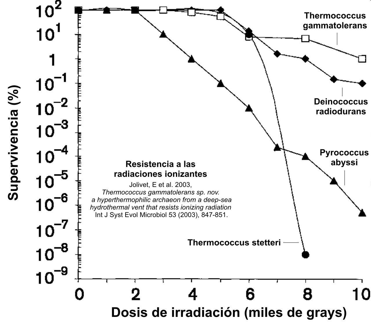 Resistencia a la radiación de diversos microorganismos seleccionados, incluyendo Thermococcus gammatolerans y Deinococcus radiodurans.