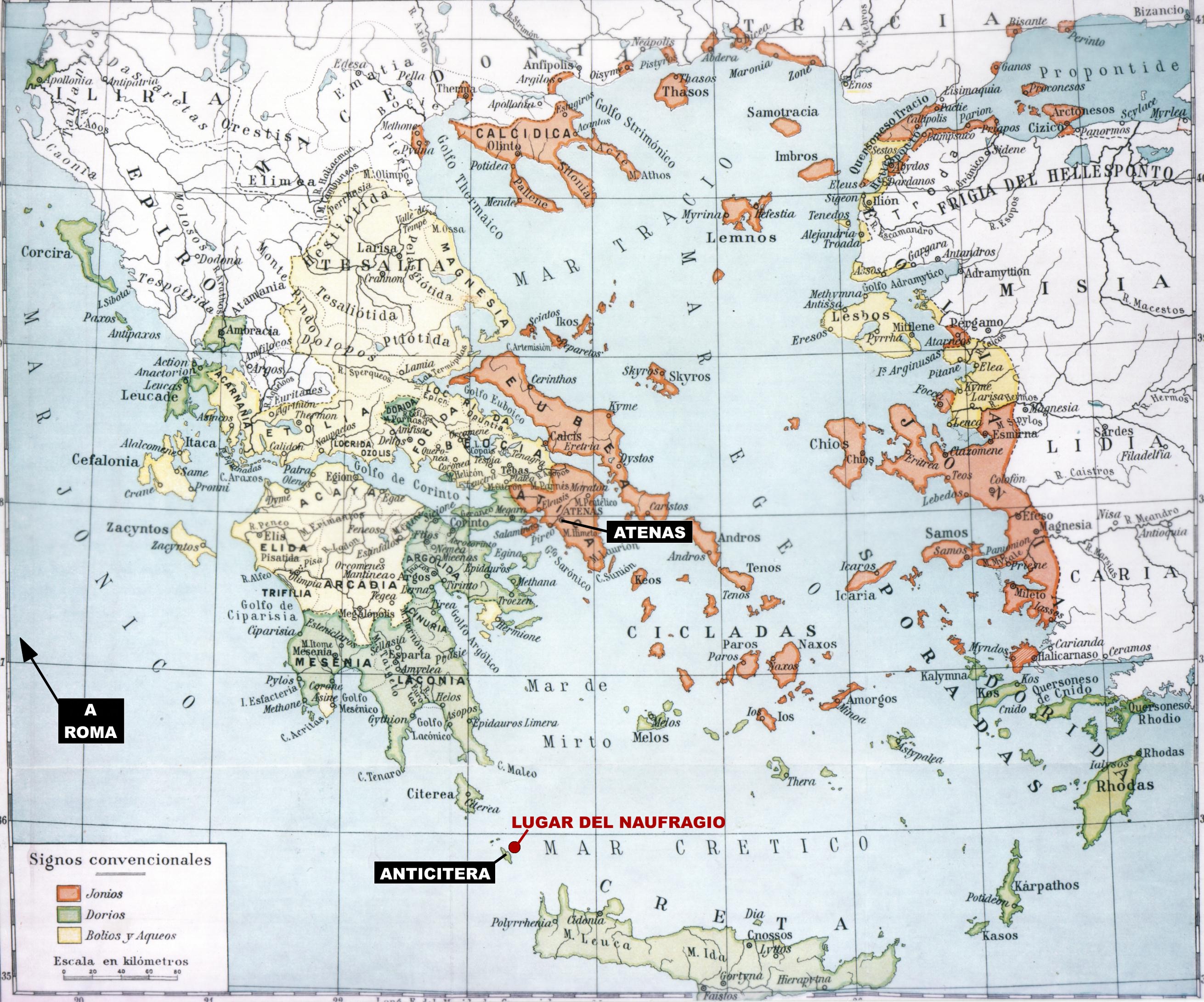 Mapa del naufragio de Anticitera.