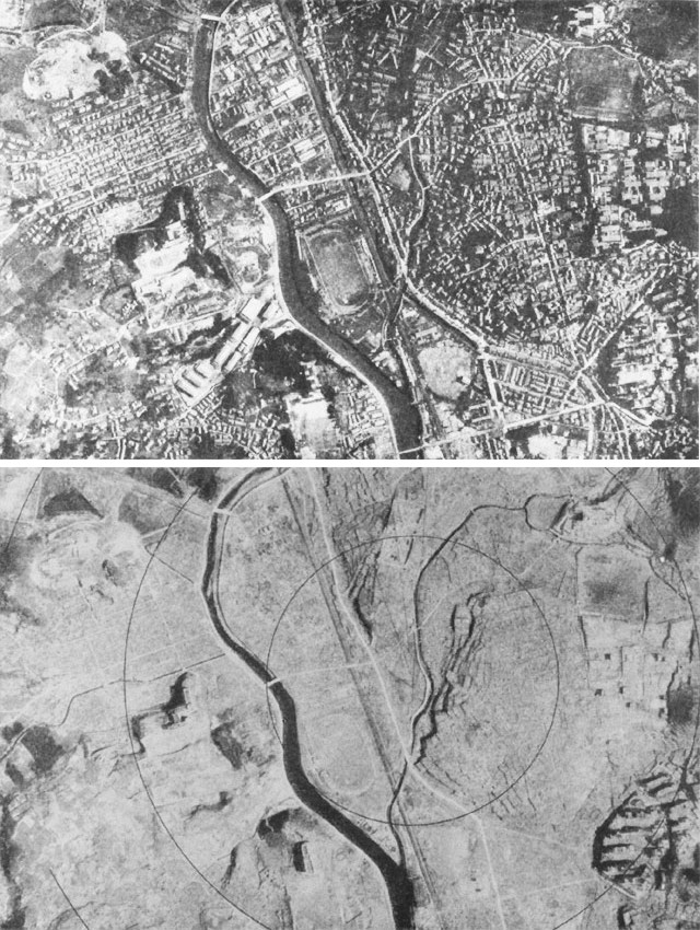 Nagasaki antes y después del ataque atómico.