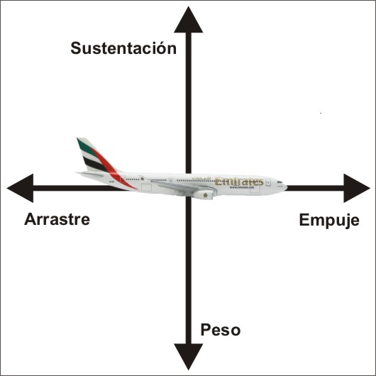 Las fuerzas básicas del vuelo: peso, sustentación, empuje y arrastre.