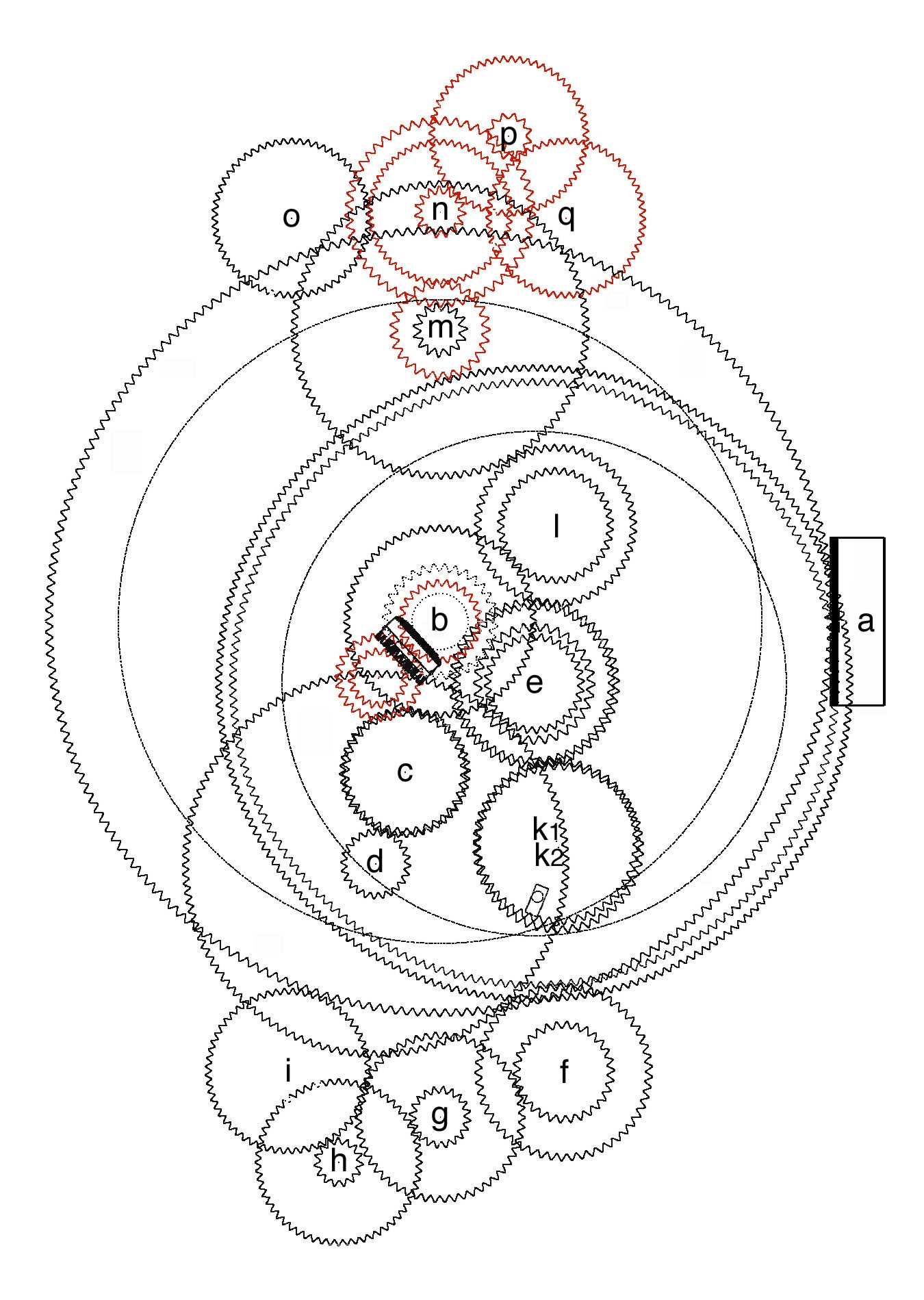 Esquema general del mecanismo de Anticitera en vista superior. © 2008 Tony Freeth, Images First Ltd. (Clic para ampliar)