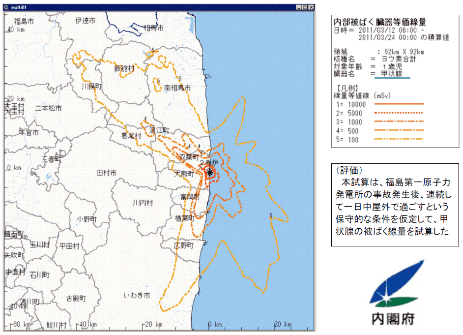 Mapa de deposición radiológica de Fukushima (dosis tiroidea a la intemperie) realizado con el sistema SPEEDI para el periodo del 12 al 24/03/2011. Línea roja sólida: hasta 10 Sv. Roja punteada: 5 Sv. Roja de puntos y rayas: 1 Sv. Naranja: 500 mSv. Amarilla: 100 mSv. Fuente: Comisión de Seguridad Nuclear del Japón (http://www.nsc.go.jp/).