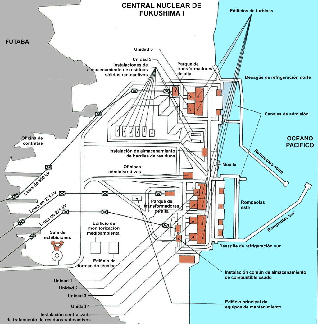 Plano de la central nuclear de Fukushima I. (Clic para ampliar)