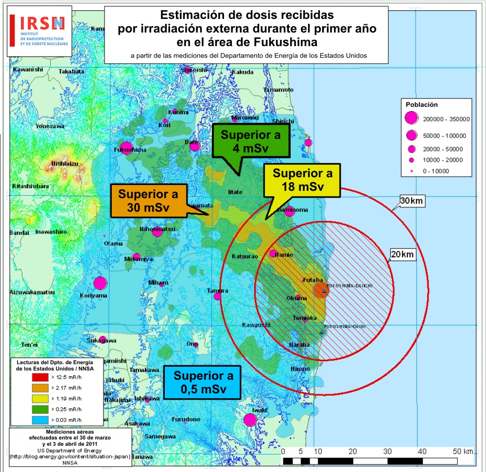 Estimaciones de exposición durante el primer año en el área de Fukushima (IRSN, Francia) (Clic para ampliar)
