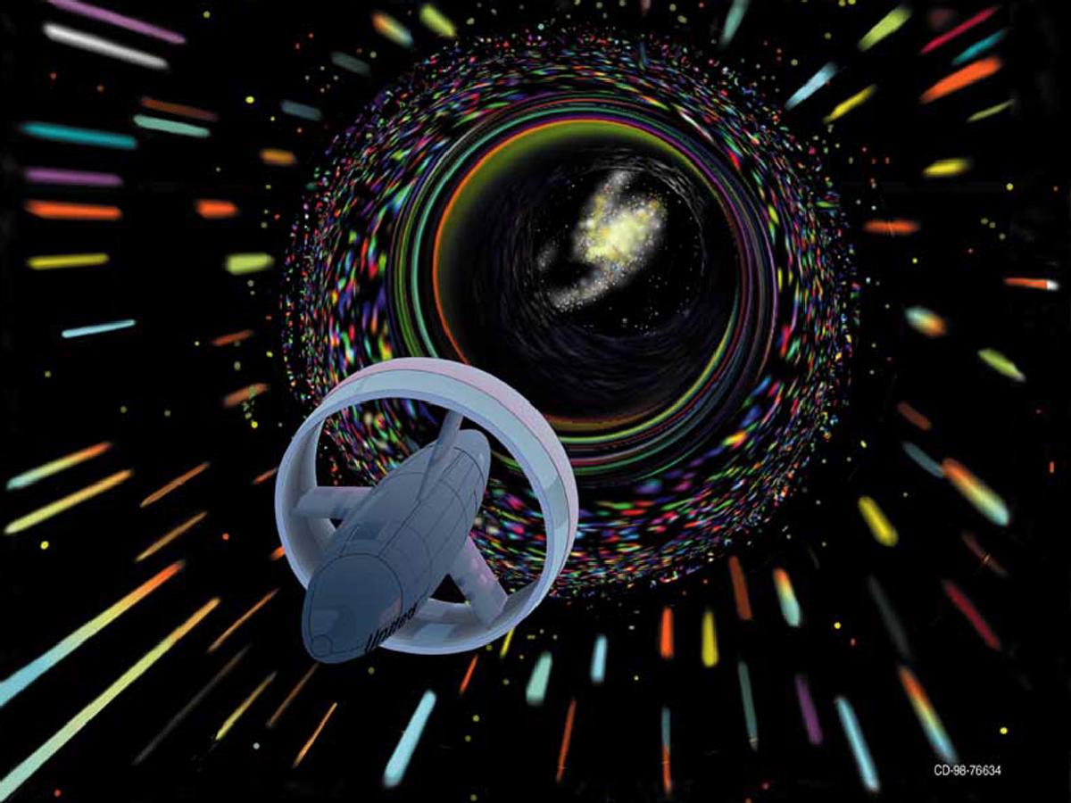 Aspecto hipotético de un agujero de gusano conectado con otro universo o con otro punto de este universo, por el que una nave espacial podría transitar. Imagen: NASA. (Clic para ampliar)