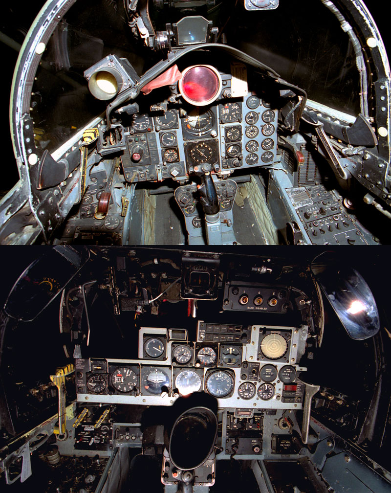 Cabina del piloto (arriba) y el operador de armas (abajo) de un cazabombardero F-4 Phantom II.