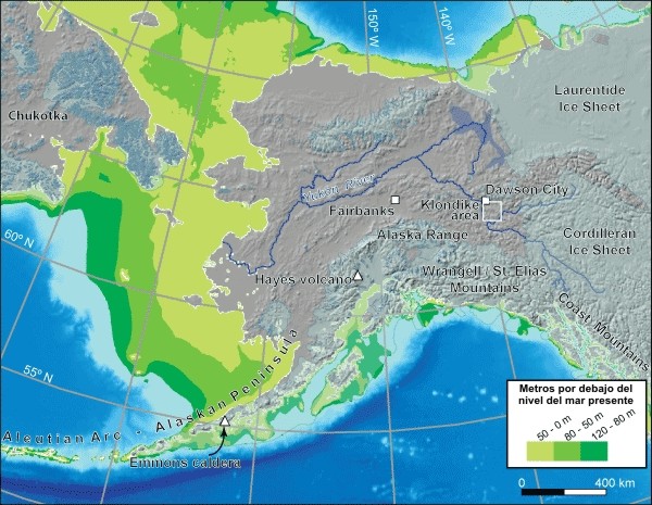 Beringia, con indicación en verde de las tierras emergidas durante el último Máximo Glacial. (Clic para ampliar)