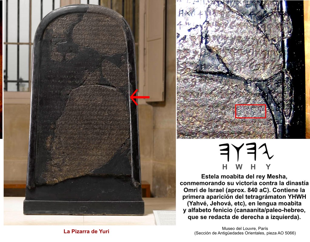 La referencia más antigua que se conserva de un dios llamado Yahvéh (YHWH) es esta estela moabita del rey Mesha (aprox. 840 aC). Museo del Louvre, París (Sección de Antigüedades Orientales, pieza AO 5066) (Clic para ampliar)