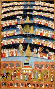 La Yanna o paraíso con múltiples niveles del Islam acorde a una miniatura persa de 1808 conservada en la Biblioteca Nacional de Francia, París. Imagen: Wikimedia Commons.