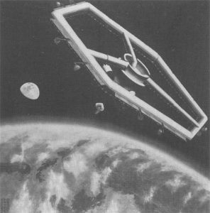 Concepto de la NASA de 1962 para una estación rotacional Tsiolkovski-Potočnik hinchable. Imagen: Wikimedia Commons.