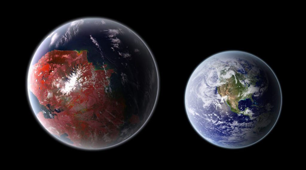 Impresión artística de Kepler 422b, un posible planeta superhabitable (izda.) y la Tierra (dcha.) Imagen: Wikimedia Commons.