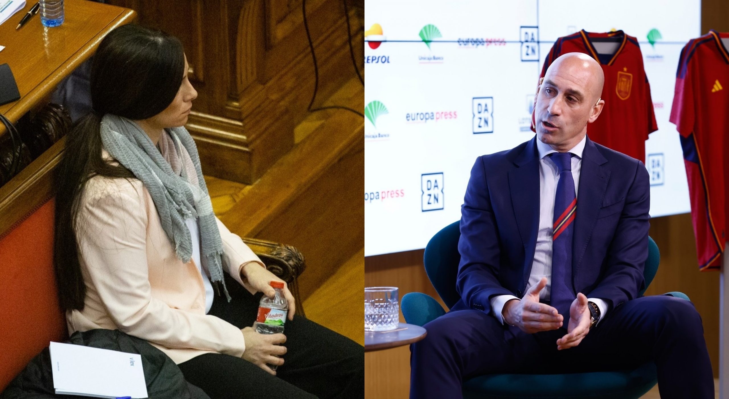 A la izquierda Rosa Peral en el banquillo en el juicio de 2020. A la derecha Luis Rubiales en un desayuno deportivo de Europa Press. - (izq) DAVID ZORRAQUINO / Europa Press
