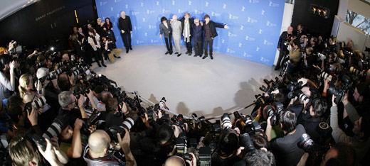 Members of the Rolling Stones Ronnie Wood, Charlie Watts, Keith Richards, U.S. director Martin Scorsese and Mick Jagger (L-R) pose during a photocall to present their film 'Shine A Light' running in competition at the 58th Berlinale International Film Festival in Berlin February 7, 2008. The 58th Berlinale, one of the world's most prestigious film festivals, will run from February 7 to 17 in the German capital. REUTERS/Hannibal Hanschke (GERMANY)