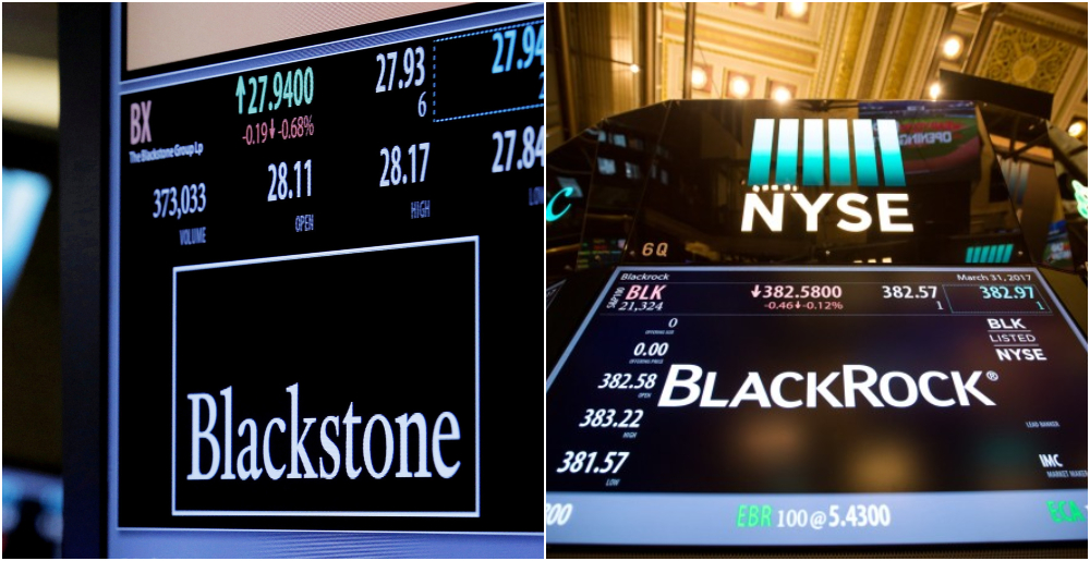 Los logos de los fondos Blackrock y Blackstone en las pantallas de la Bolsa de Nueva York, en Wall Street. REUTERS