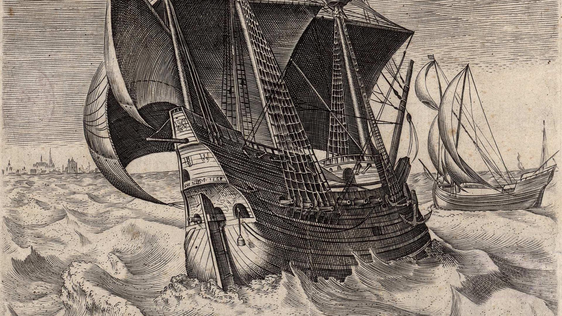 Barco de guerra con hombre ahogado. Frans Huys/Biblioteca Nacional de España, CC BY