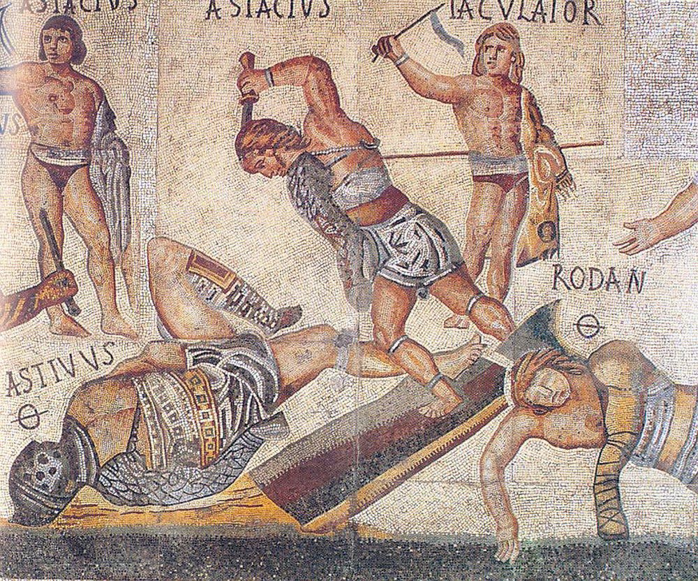 Mosaico de Villa Borghese en el que un gladiador ataca con una daga a su oponente. Wikimedia Commons
