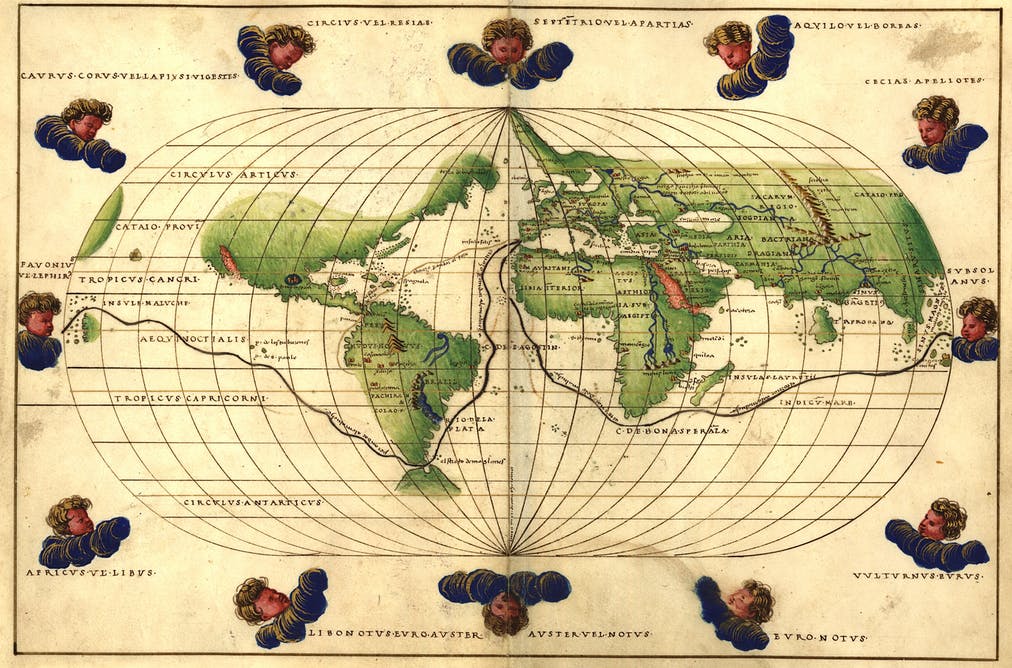 Mapamundi del cartógrafo Bautista Agnese, fechado en 1544, donde incluyó la trayectoria del viaje de circunnavegación de Magallanes. Bautista Agnese /Library of Congress, American Memory/Wikimedia Commons