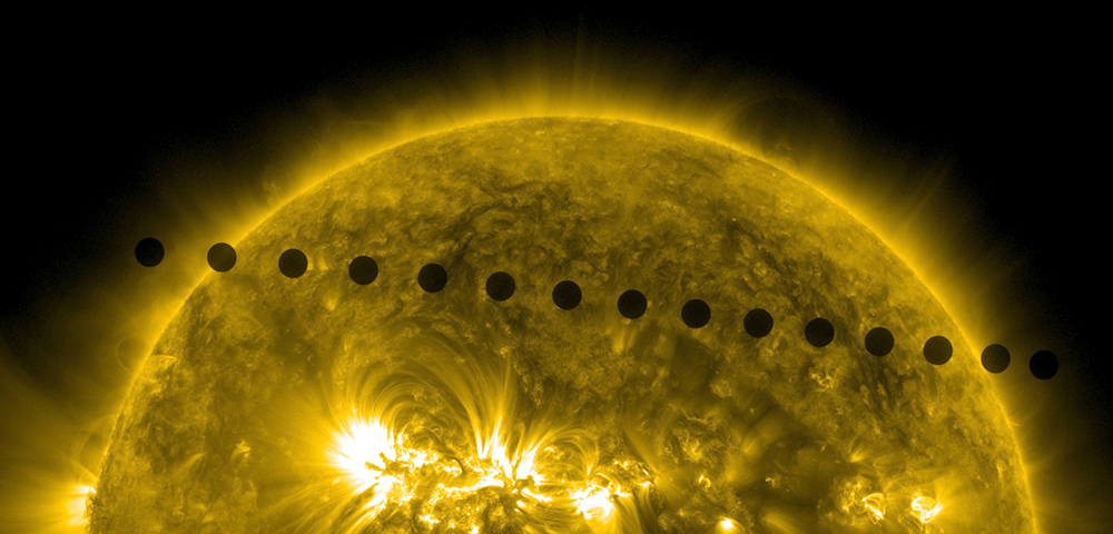 Los días 5 y 6 de junio de 2012, el Observatorio de Dinámica Solar de la NASA recogió imágenes de uno de los eventos solares más raros: el tránsito de Venus a través de la faz del Sol. NASA/SDO, AIA