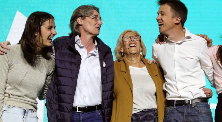 Rita Maestre, Marta Higueras, Manuela Carmena e Iñigo Errejón, en la noche electoral del 26-M. EFE
