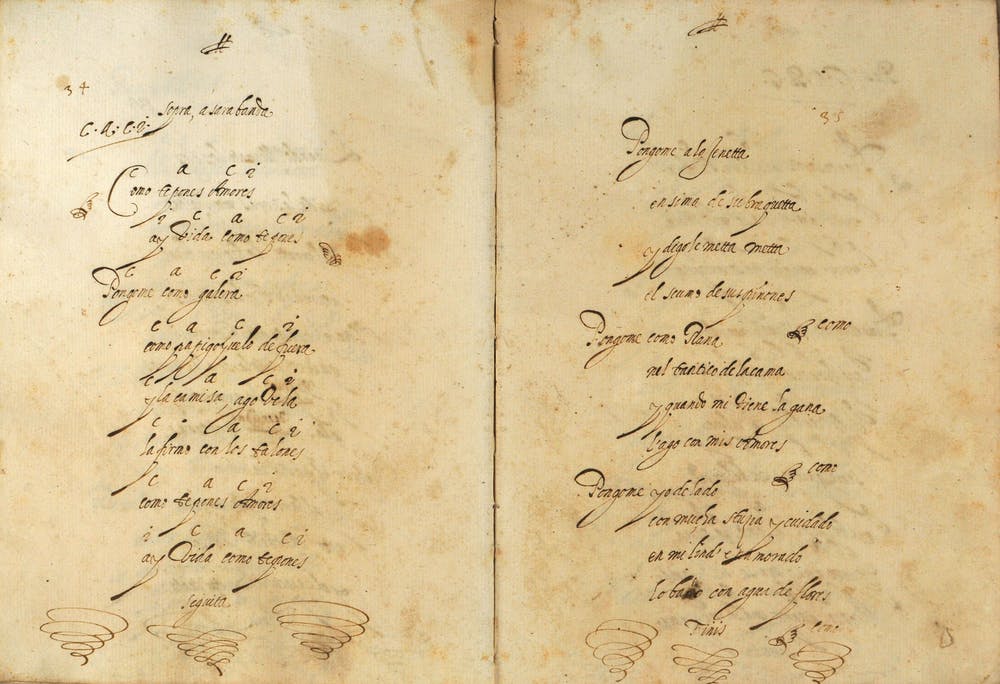Letra de la zarabanda ‘¿Cómo te pones, amores?’ con indicaciones armónicas. Verona, Biblioteca Civica, Ms. 1434, Classe Arti, Ubicazione 82.3