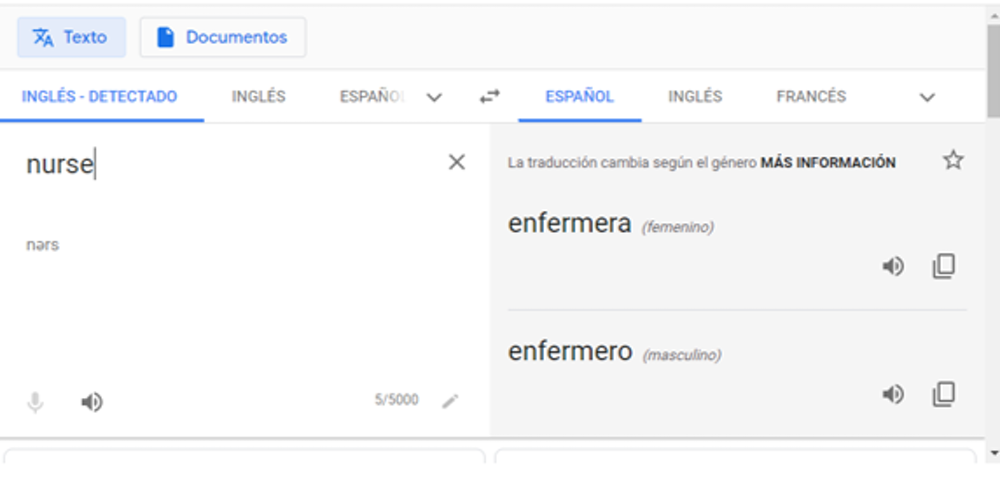 Figura 3. Captura de pantalla de Google Translate que muestra desdoblamiento de género femenino y masculino en la traducción de una palabra (14-05-2020).