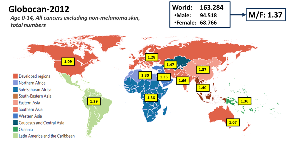 Distribución por géneros del cáncer infantil en todo el mundo.