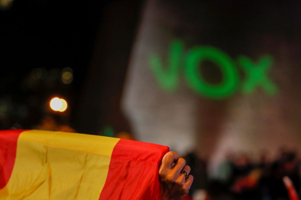 Un seguidor de Vox sostiene una bandera de España durante el mitin de cierre de campaña para las elecciones del 10-N de 2019. REUTERS/Susana Vera