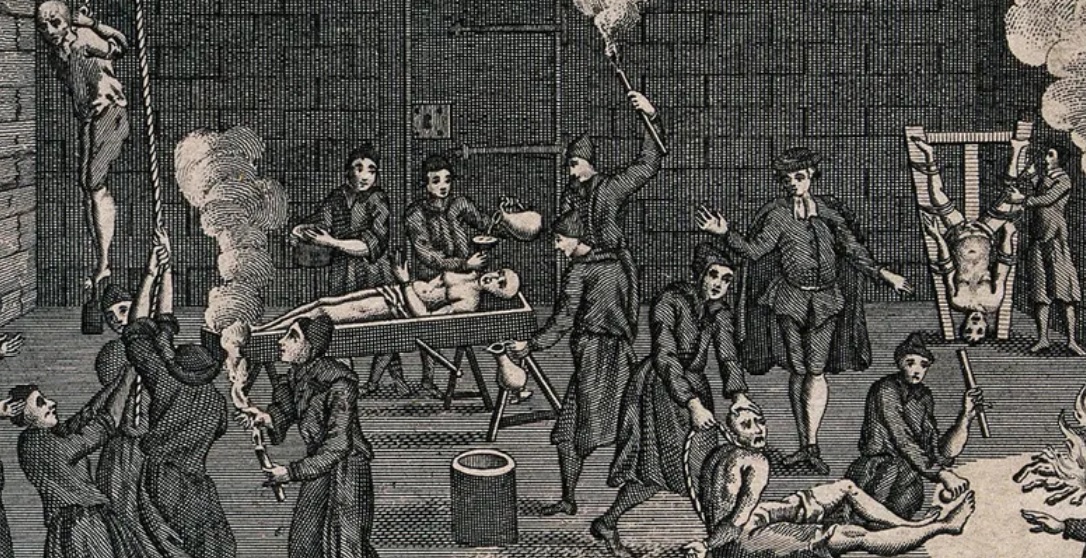 Grabado inglés que muestra una celda de la Inquisición en la que se practican cuatro modalidades de tortura