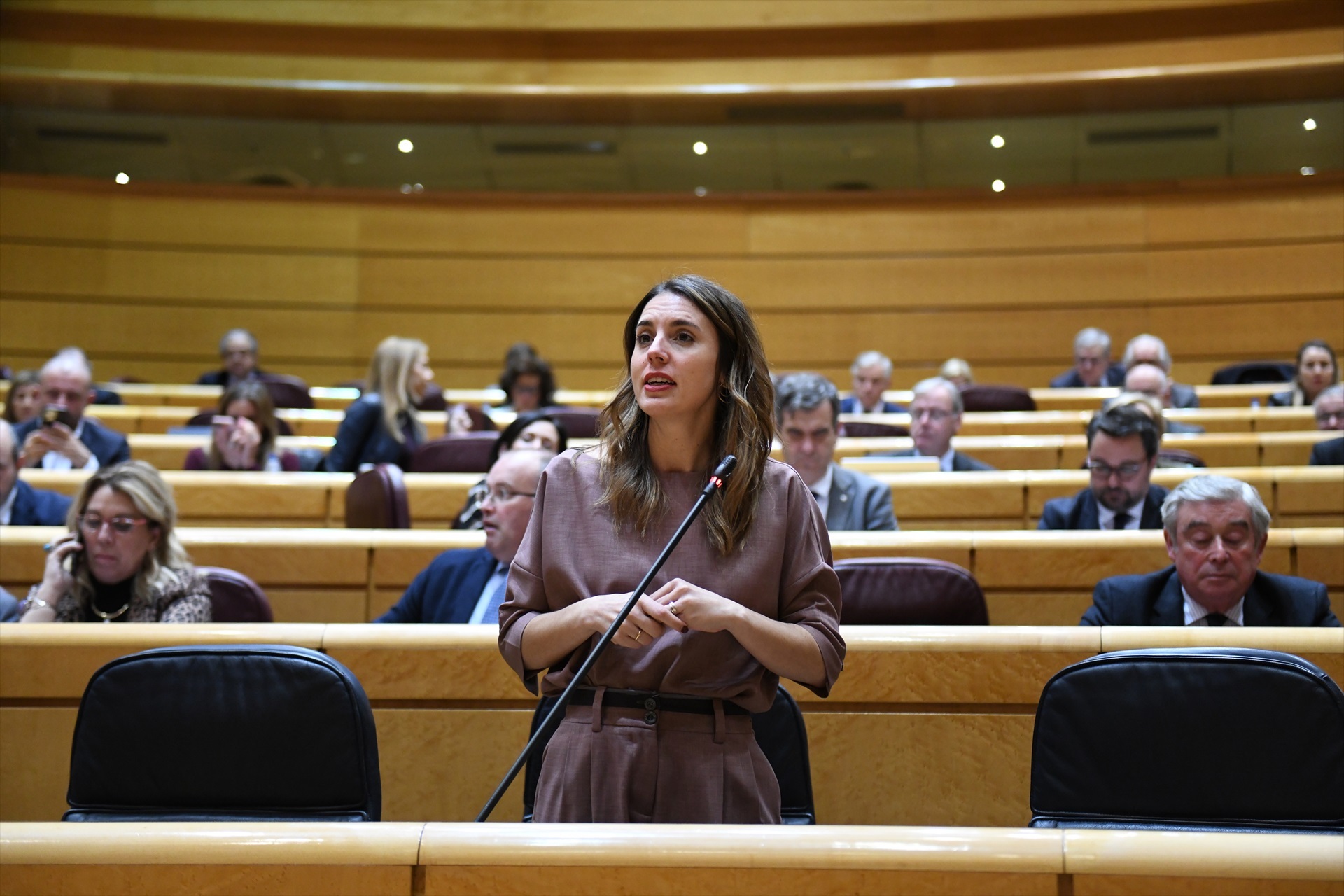 La ministra de Igualdad, Irene Montero, interviene durante una sesión plenaria, en el Senado, a 8 de febrero de 2023, en Madrid (España). Foto: Fernando Sánchez / Europa Press