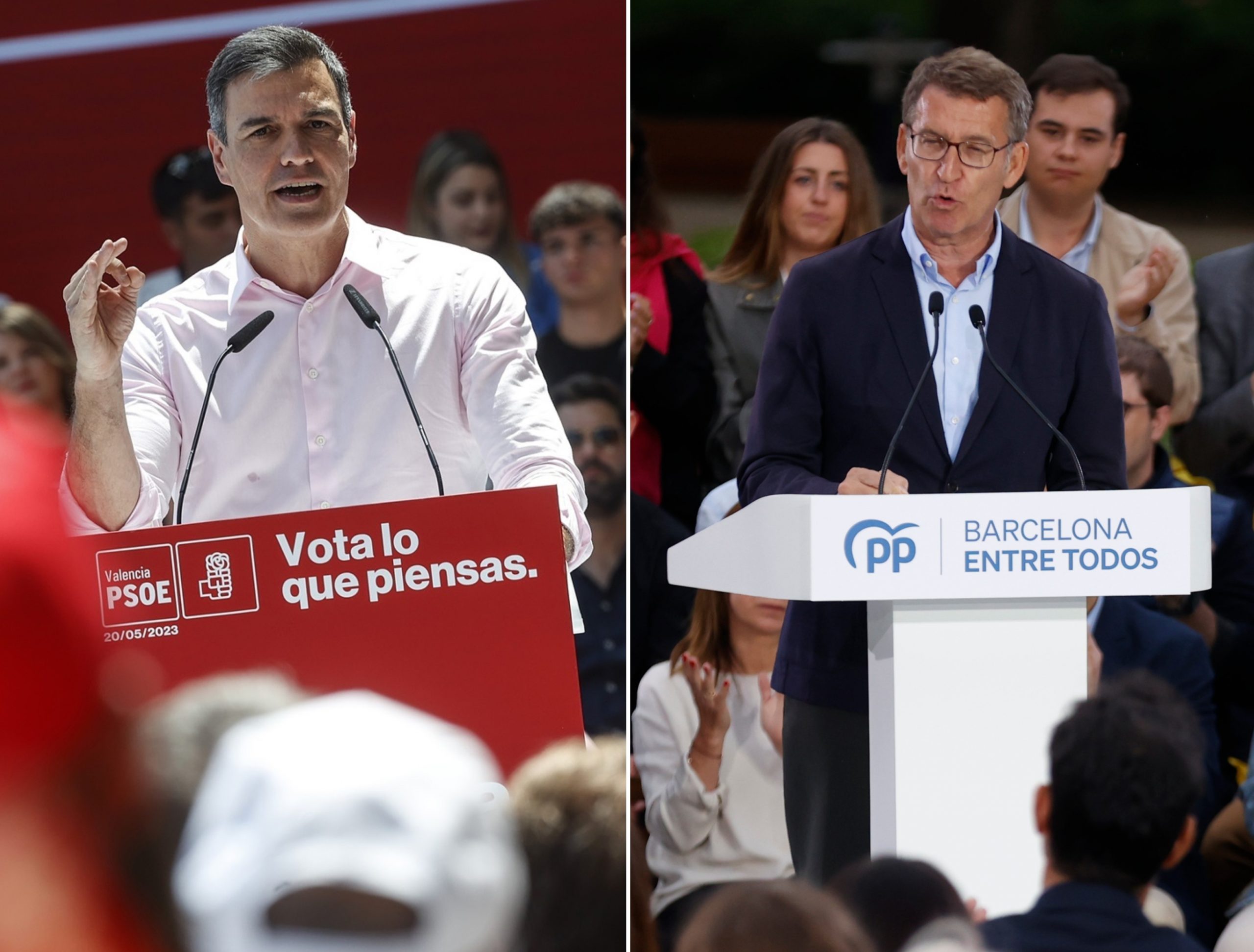 Collage del secretario general del PSOE y presidente del Gobierno, Pedro Sánchez, y el presidente del Partido Popular, Alberto Nuñez Feijóo participan en los mítines de sus respectivos partidos