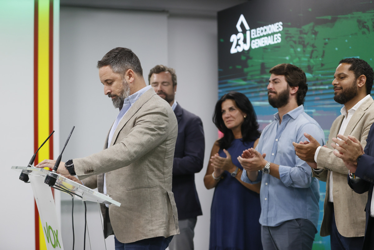 El líder de Vox, Santiago Abascal, tras conocer los resultados electorales, el pasado domingo 23 de julio.
