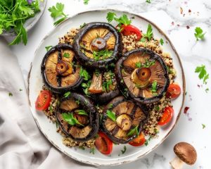 Portobello asado sobre ensalada de quinoa. 