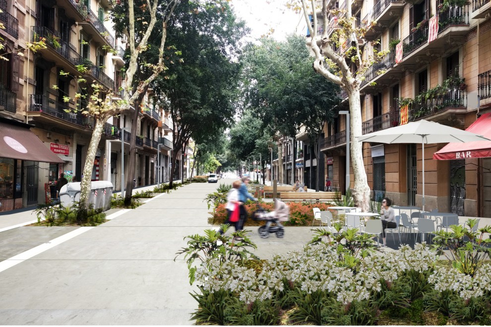 Simulació de com podria ser la futura superilla del carrer Girona i entorns. — Ajuntament de Barcelona / ACN
