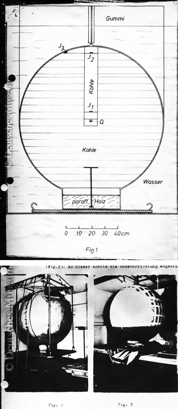 Esfera de Bothe para medir la longitud de difusión neutrónica en el electrografito. Bundesarchiv.