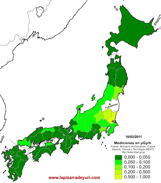 Mediciones de radioactividad en Japón a las 09:00 del 16/03/2011. Datos: MEXT. Elaboración del mapa: La Pizarra de Yuri. (Clic para ampliar)