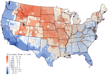 Absorción de yodo-131 en tiroides por condados a consecuencia de las pruebas nucleares atmosféricas en los EEUU continentales.