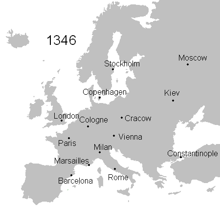 Extensión de la peste negra por Europa entre 1346 y 1353.