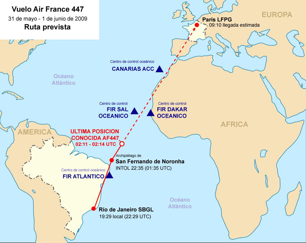 Ruta prevista del vuelo Air France 447, 31 de mayo - 1 de junio de 2009.