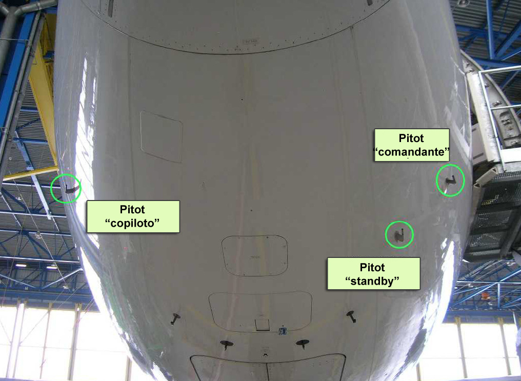 Ubicación de los tubos Pitot en un Airbus A330.