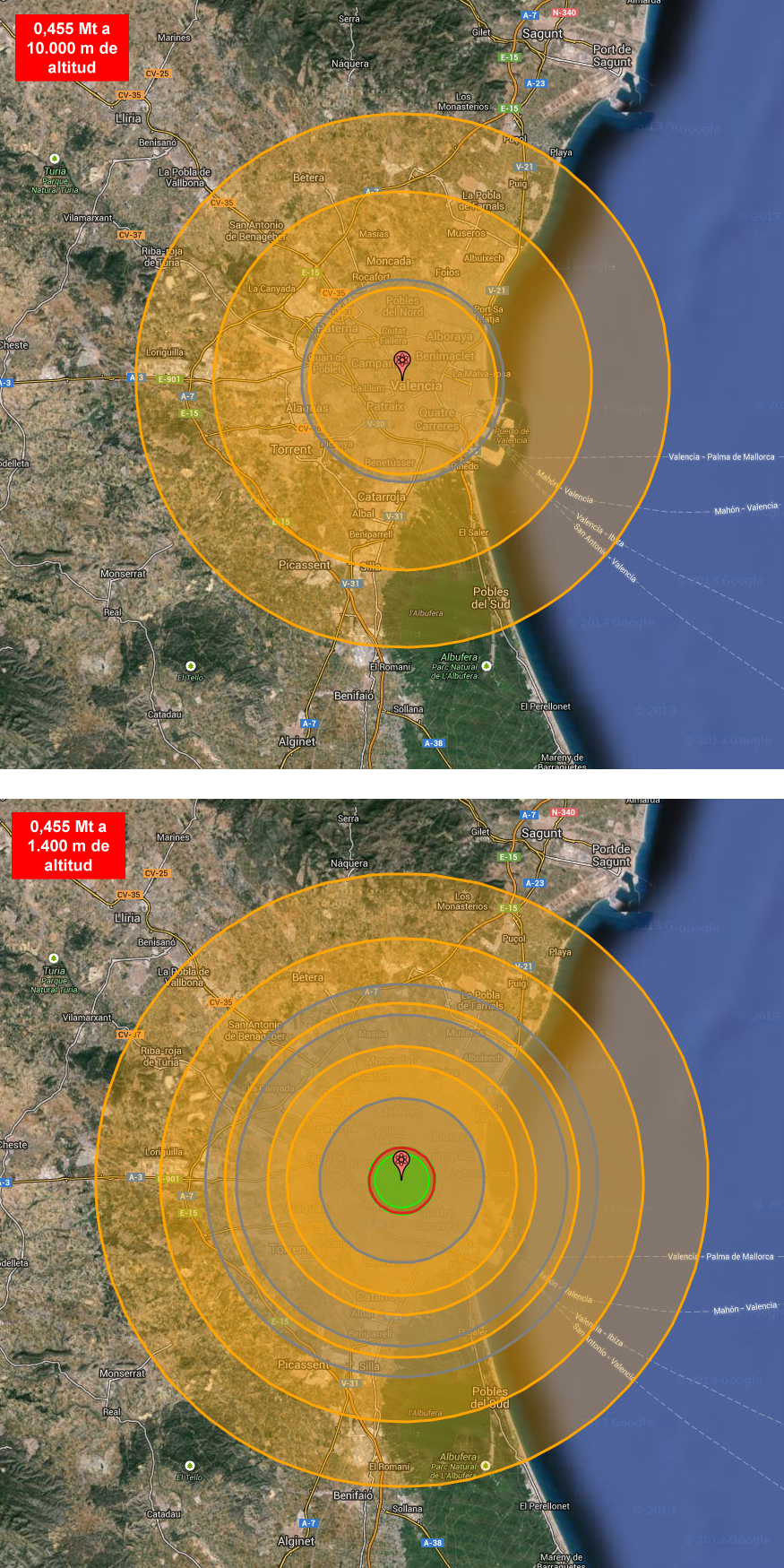 Detonación de 455 kt a 10.000 y 1.400 m sobre la ciudad de Valencia, España.